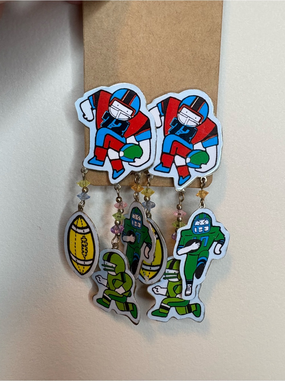 Handmade Football Player Dangle Earrings - Red, Blue & Green